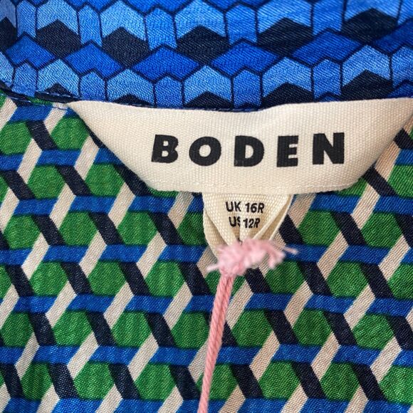 Boden NWT Kate Satin Green Geo Daze Long Sleeve Midi Shirt Dress Size 12 Office - Picture 12 of 16